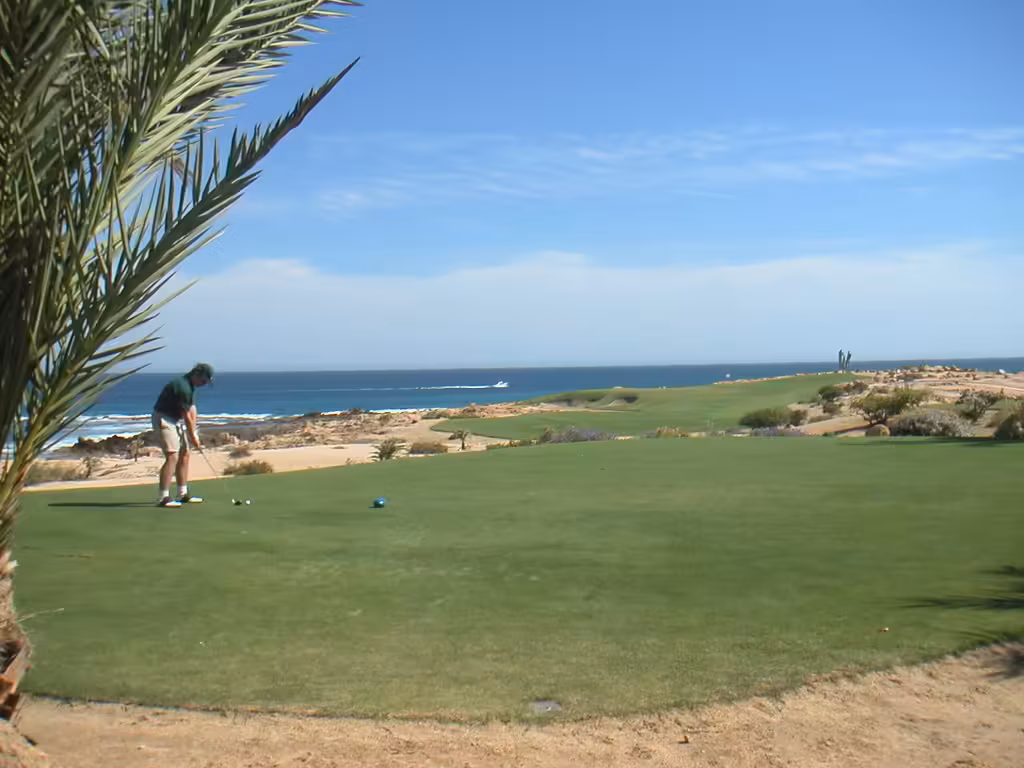 Villa terrace overlooking a Pacific coastal golf fairway with ocean views, Rancho San Lucas lifestyle, Cabo San Lucas