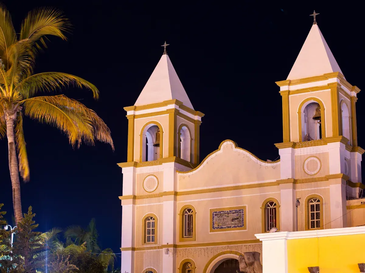 San José del Cabo mission church bell towers lit at night, framed by a palm tree